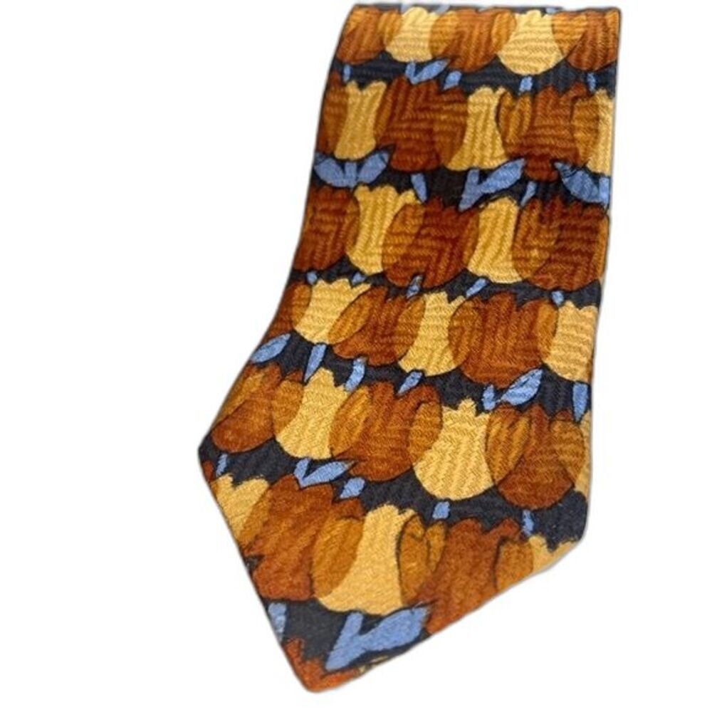 Ermenegildo Zegna 100% Silk Rust Brown‎ Gold Blue Men's Necktie Tie Autumn Fall